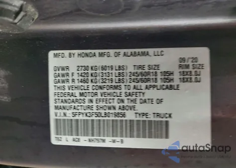 2020 Honda Ridgeline Rtl из США, поврежденный, VIN 5FPYK3F50LB019856